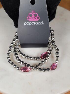 paparazzi Silver Beaded Bracelet Set with Pink Marquise Accents